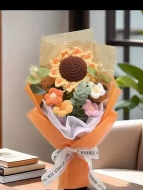 Handmade Crochet Bouquet in Orange Wrapping.